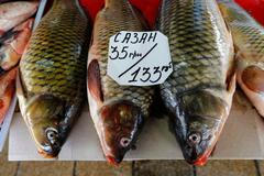 Dvojí ceny na tržišti v Simferopolu na Krymu - v rublech a ukrajinských hřivnách.