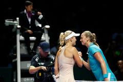 Petra Kvitová a Caroline Wozniacká na Turnaji mistryň 2014