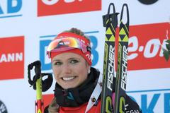 Gabriela Soukalová slaví vítězství ve sprintu Světového poháru v Pokljuce.