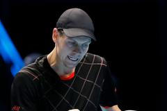 Tomas Berdych of the Czech Republic reacts during his tennis match against Marin Cilic of Croatia at the ATP World Tour finals in London