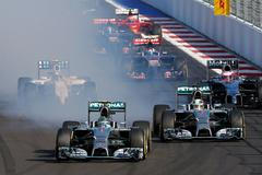 Mercedes Formula One driver Rosberg of Germany leads the pack after the start of the first Russian Grand Prix in Sochi