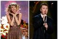 Combination photo shows Grammy nominees Taylor Swift and Sam Smith performing at the 42nd American Music Awards