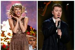 Combination photo shows Grammy nominees Taylor Swift and Sam Smith performing at the 42nd American Music Awards