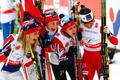 Team Norway celebrates winning the women's cross country free/classic 4 x 5 km relay final at the Nordic World Ski Championships in Falun
