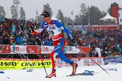 Bauer of the Czech Republic competes in the men's cross country 50 km mass start classic race during heavy snowfall at the Nordic World Ski Championships in Falun