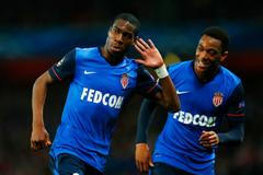 Football: Monaco's Geoffrey Kondogbia celebrates scoring their first goal with Anthony Martial
