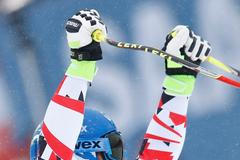 Mayer of Austria reacts in the finish area during the men's Super G of the Alpine Skiing World Cup in Saalbach