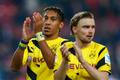 Borussia Dortmund's Aubameyang and Schmelzer acknowledge their supporters after their German first division Bundesliga soccer match against VfB Stuttgart in Stuttgart