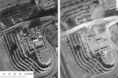 Satelitní fotografie mešity Nábí Júnuse v Mosulu. Vlevo původní stav, vpravo po zničení Islámským státem.