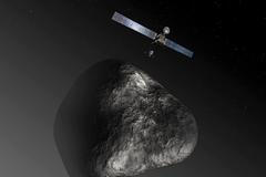 Umělecké ztvárnění komety Čurjumov-Gerasimenko a Rosetty.