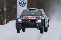 Andreas Mikkelsen and Ola Floene of Norway drive their VW Polo WRC on SS5 during the Rally Sweden second round of the FIA World Rally Championship in Kirkenaer