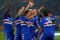 Sampdoria's Muriel celebrates with his team mates after scoring against AS Roma in their Italian Serie A soccer match at the Olympic stadium in Rome