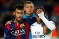 Paris St Germain's Lucas walks off the pitch with Barcelona's Neymar after their Champions League Group F soccer match at the Nou Camp stadium in Barcelona