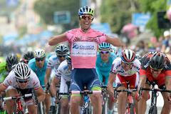 Orica Greenedge rider Matthews celebrates after crossing the finish line of the third stage of the 98th Giro d'Italia cycling race