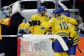 Sweden's Moller celebrates scoring a goal with team mates during their Ice Hockey World Championship game against Germany in Prague