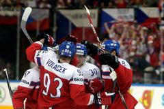 Sobotka of the Czech Republic celebrates his goal with team mates during their Ice Hockey World Championship game against France in Prague