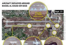 Satelitní fotografie ruských letadel a vrtulníků na letišti Básila Asada v Latákíji.