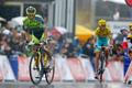 Tinkoff-Saxo team rider Contador of Spain climbs to the finish line ahead of Astana team rider Nibali of Italy during the 161-km (100 miles) eighth stage of the Tour de France cycling race