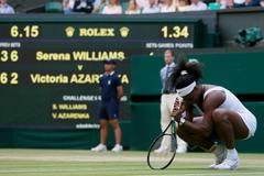 Serena Williams of the U.S.A. reacts during her match against Victoria Azarenka of Belarus at the Wimbledon Tennis Championships in London