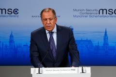 Russian Foreign Minister Lavrov addresses during the 51st Munich Security Conference at the 'Bayerischer Hof' hotel in Munich