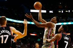 NBA: Toronto Raptors at Miami Heat (Whiteside, Kyle Lowry (7), Jonas Valanciunas)