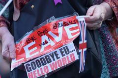 Brexit A vote leave supporter holds a poster in Westminster, London
