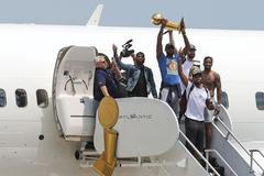 Cleveland Cavaliers Kyrie Irving, LeBron James, Kevin Love, JR Smith and Tristan Thompson arrive home to a welcome party in Cleveland