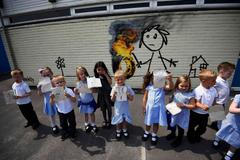 Reception class school children show off their drawings of a mural attributed to Banksy in Bristol