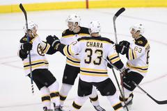 David Pastrňák slaví se spoluhráči gól, Boston - Winnipeg