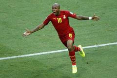 Andre Ayew z Ghany se raduje z branky do sítě Německa na MS