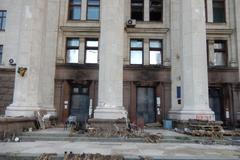 Dům odborů v Oděse. Místo tragédie 2.května. Uhořelo 32 lidí.