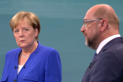 Angela Merkelová a Martin Schulz při jediném duelu před německými volbami.