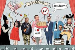 Volby 2017 panoptikum Babiš Zeman Chovanec Kalousek Semelová Bělobrádek Okamura Fiala Bartoš kresba