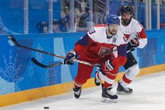 Jan Kovář a Dominik Schlumpf v zápase Česko - Švýcarsko na ZOH 2018