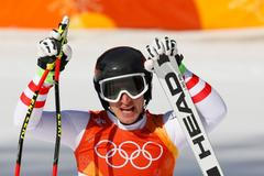 Matthias Mayer v cíli super-G na ZOH 2018