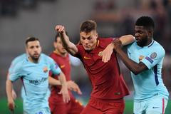 fotbal, Liga mistrů 2017/2018, AS Řím - FC Barcelona, Patrik Schick a Samuel Umtiti
