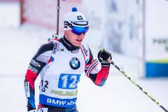 Michal Krčmář ve smíšené štafetě na Světovém poháru biatlonistů v Pokljuce.