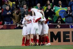 Češi slaví gól na 1:0 v přátelském zápase Česko - Brazílie.