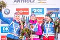 biatlon, SP 2018/2019, sprint v Anterselvě, zleva Kaisa Mäkäräinenová, Markéta Davidová a Marte Olsbuová Röiselandová