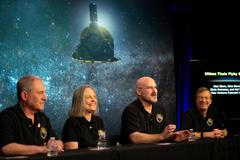 Tisková konference poté, co vědci dostali informaci, že New Horizons proletěla kolem planetky Ultima Thule.