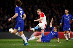 fotbal, odveta čtvrtfinále Evropské ligy, Chelsea - Slavia, Petr Ševčík střílí gól