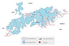 Mapa zatopených stařin Kladenských dolů rozkládající se pod územím několika obcí