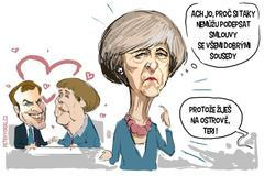 Macron Merkelová Mayová kresba