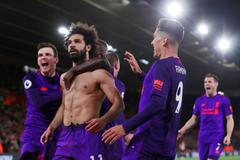 33. anglické Premier League 2018/19, Southampton - Liverpool: Mohamed Salah slaví gól na 1:2.