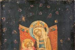 Trůnící Panna Marie s dítětem z dílny Mistra vyšebrodského oltáře