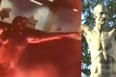 Zapálená socha Zlatana Ibramoviče v Malmö