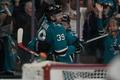 NHL: Calgary Flames at San Jose Sharks, Logan Couture (39) celebrates with center Tomáš Hertl (48)