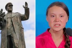 Socha maršála Koněva a ekologická aktivistka Greta Thunbergová.