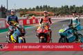 Mistři světa 2019: zleva Alex Marquez (Moto2), Marc Marquez (MotoGP) a Lorenzo Dalla Porta (Moto3)