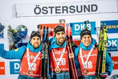 SP v biatlonu 2019/2020, Östersund, vytrvalostní závod, druhý Simon Desthieux, vítězný Martin Fourcade a třetí byl Quentin Fillon Maillet